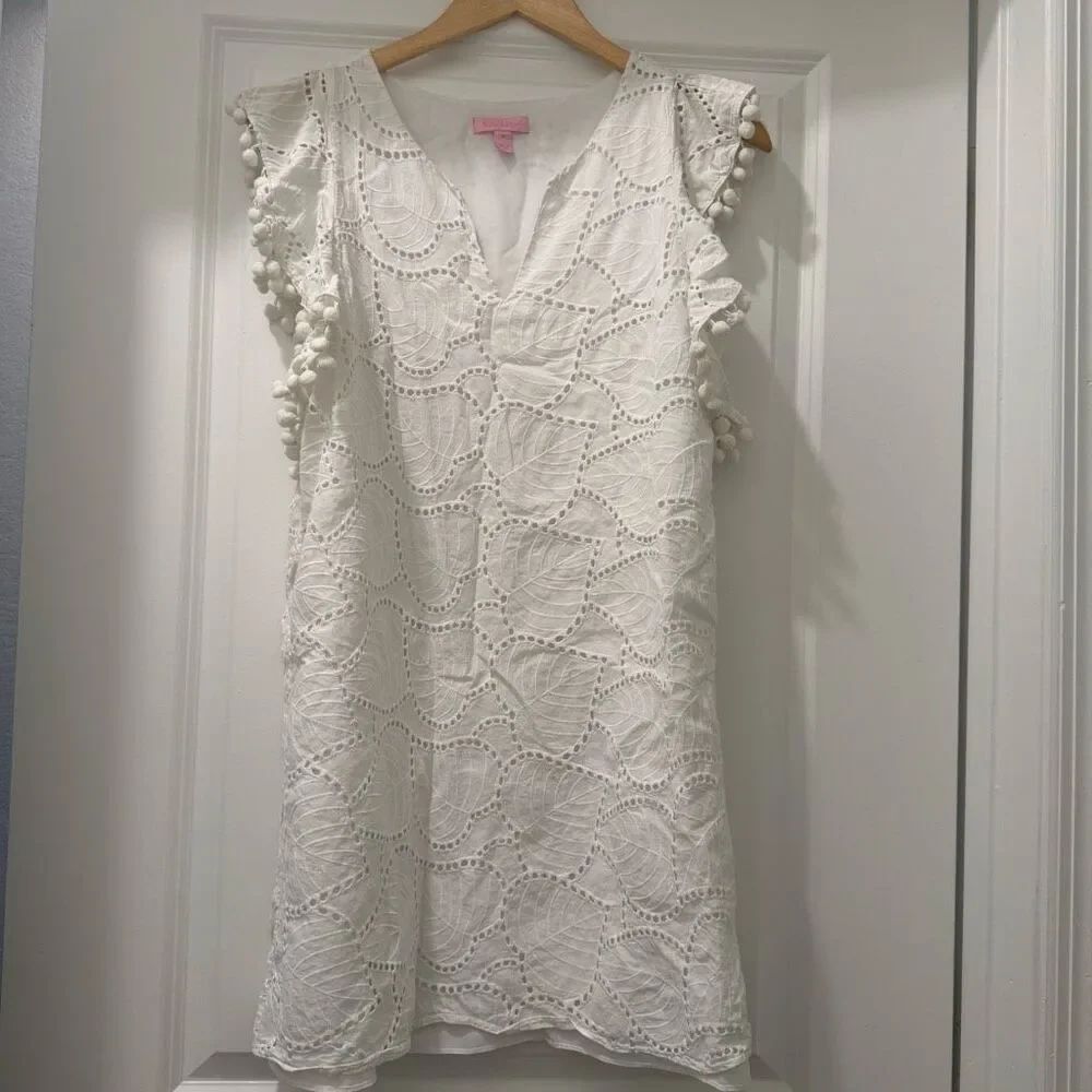 Lilly Pulitzer Astara dress in white eyelet featuring pom-pom trim Size M